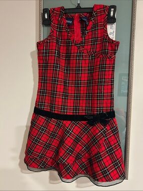 Basic Editions Red Black Plaid Sleeveless Holiday Dress with Velvet Bow